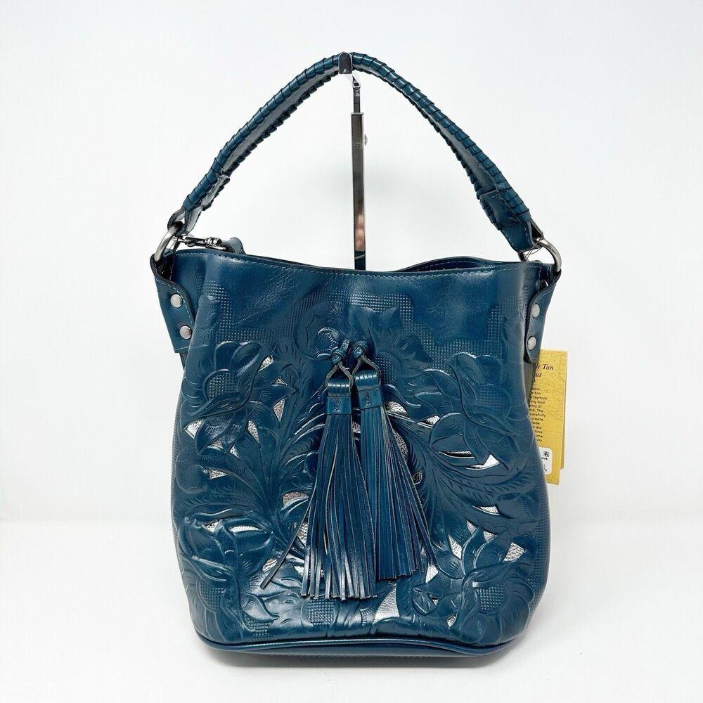 Patricia Nash Otavia Bucket Crossbody Bag Cutout Tooled Tassel Carribean Blue